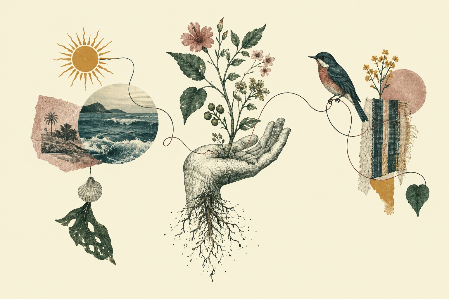 Ilustração em gravura: uma mão enraizada sustenta uma planta; um fio conecta o mar, um sol, um pássaro e um fragmento de tecido.